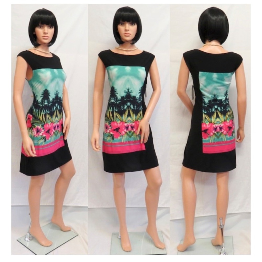 DARREN Z Black with Tropical Panel Print Sleeveless Stretch‎ Dress 8 New